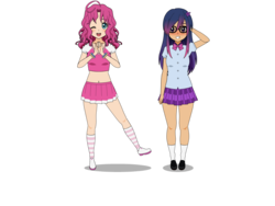 Size: 2000x1500 | Tagged: safe, artist:php45, pinkie pie, twilight sparkle, human, g4, ask, belly button, blushing, clothes, duo, humanized, kisekae, midriff, short shirt, skirt, tumblr