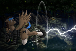 Size: 4000x2685 | Tagged: safe, artist:anadukune, oc, oc only, oc:playthrough, cragadile, crocodile, pegasus, pony, reptile, bucking, clothes, cloud, fight, forest, glasses, glowing eyes, hoodie, lightning, looking back, male, spread wings, stallion, torn clothes, water
