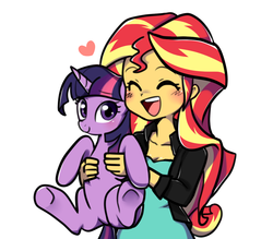 Size: 1200x1050 | Tagged: safe, artist:haden-2375, sunset shimmer, twilight sparkle, pony, equestria girls, g4, clothes, cute, duo, eyes closed, female, heart, holding a pony, jacket, leather jacket, lesbian, open mouth, shimmerbetes, ship:sunsetsparkle, shipping, simple background, twiabetes, twilight sparkle (alicorn), white background