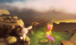 Size: 964x571 | Tagged: safe, artist:lmgchikess, angel bunny, fluttershy, g4, abstract, duo, looking away, rear view, sunrise