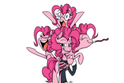 Size: 1024x683 | Tagged: safe, artist:hellhounds04, pinkie pie, earth pony, pony, g4, crossover, lazytown, multeity, party horn, robbie rotten, self ponidox, simple background, too much pink energy is dangerous, transparent background, we are number one