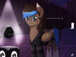 Size: 2800x2100 | Tagged: safe, artist:elzielai, oc, oc only, oc:playthrough, pony, building, clothes, controller, cutie mark, dark, folded wings, glasses, group, high res, hoodie, japanese, looking at something, looking down, male, nerd, nerd pony, pedestal, purple, silhouette, simulation, solo, spotlight, spread wings, stalker, stallion