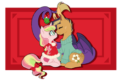 Size: 3000x2000 | Tagged: safe, artist:azure-art-wave, oc, oc only, oc:adalia rose, oc:buck wheat, pony, unicorn, blushing, clothes, female, glasses, high res, male, mare, mistletoe, stallion, sweater