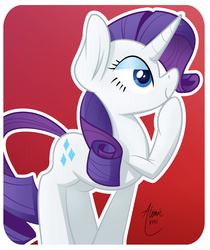Size: 1224x1457 | Tagged: safe, artist:atomic8497, rarity, g4, colored pupils, female, hoof on chin, lidded eyes, looking at something, red background, signature, simple background, solo