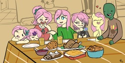 Size: 2158x1095 | Tagged: safe, artist:mt, fluttershy, oc, oc:anon, oc:fauna, oc:flora, oc:ivy, oc:thorn, oc:timber, human, pony, satyr, turkey, g4, blushing, cooked, dead, family photo, father, female, food, ham, heart, humanized, male, mare, married couple, meat, mother, offspring, parent:fluttershy, parent:oc:anon, siblings, sleeping, texting, thanksgiving, twins