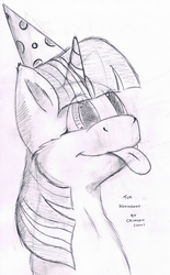 Size: 1194x1927 | Tagged: safe, artist:crimson, twilight sparkle, g4, :p, bust, cute, female, fluffy, hat, looking up, monochrome, party hat, portrait, sketch, smiling, solo, tongue out