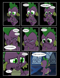Size: 1275x1650 | Tagged: safe, artist:dsana, spike, dragon, comic:to look after, g4, comic, crying, dialogue, eyes closed, hug, male, open mouth, sad, sitting, solo, tail hug, woobie