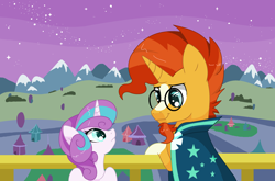 Size: 2896x1912 | Tagged: safe, artist:mlpdarksparx, princess flurry heart, sunburst, g4, balcony, crystal empire, duo, eye contact, knowing, looking at each other, mountain, mountain range, night, night sky, smiling, stars, uncle sunburst