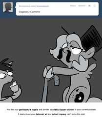 Size: 666x795 | Tagged: safe, artist:egophiliac, princess luna, oc, oc:frolicsome meadowlark, oc:pebbl, bat pony, pony, roc, moonstuck, g4, cane, cartographer's gentlepony's cane, classy, facial hair, fake moustache, filly, grayscale, hat, monochrome, monocle, monocle and top hat, moon roc, moustache, teacup, top hat, woona, woonoggles, younger