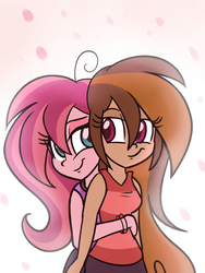 Size: 1024x1365 | Tagged: dead source, safe, artist:wubcakeva, oc, oc only, oc:contralto, oc:cupcake slash, equestria girls, g4, clothes, disguised siren, equestria girls-ified, female, hug, lesbian, lidded eyes, looking at each other, oc x oc, petals, shipping, smiling, tank top