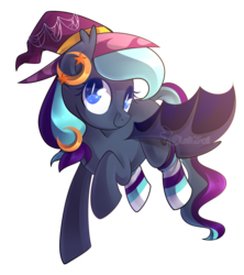 Size: 1600x1800 | Tagged: safe, artist:drawntildawn, oc, oc only, oc:witch hunt, bat pony, pony, clothes, hat, simple background, socks, solo, striped socks, transparent background, watermark, witch