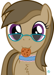 Size: 1532x2104 | Tagged: safe, artist:arifproject, oc, oc only, oc:dawnsong, earth pony, pony, g4, :3, arif's scrunchy pone, chest fluff, choker, cookie, cute, female, fluffy, food, glasses, looking at you, mare, mouth hold, nom, simple background, smiling, solo, transparent background, vector