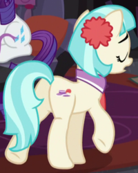Size: 400x500 | Tagged: safe, screencap, coco pommel, rarity, pony, g4, made in manehattan, butt, coco's apartment, cropped, eyes closed, female, hatbutt, mare, open mouth, plot, raised hoof, sitting, solo focus, walking