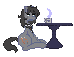 Size: 600x468 | Tagged: safe, artist:metalaura, oc, oc only, oc:somber solace, animated, clothes, coffee, coffee mug, gif, pixel art, scarf, simple background, sleeping, solo, table, tired, transparent background