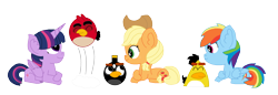 Size: 2896x992 | Tagged: safe, artist:mixelfangirl100, applejack, rainbow dash, twilight sparkle, alicorn, bird, canary, cardinal, earth pony, pegasus, pony, g4, angry birds, bomb, bomb (angry birds), bomb bird, chuck (angry birds), crossed hooves, crossover, ear fluff, eyes closed, jumping, looking up, object bird, prone, red bird, simple background, smiling, transparent background, twilight sparkle (alicorn), weapon, weapon bird