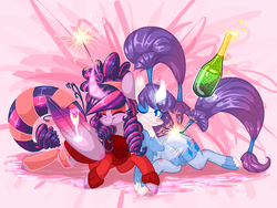 Size: 2000x1500 | Tagged: safe, artist:ogaraorcynder, rarity, twilight sparkle, alicorn, pony, rartwi, g4, alcohol, alternate hairstyle, blush sticker, blushing, bottle, champagne, clothes, colored pupils, curved horn, drunk, drunk rarity, drunk twilight, eyes closed, eyeshadow, female, glass, glowing horn, happy new year, happy new year 2017, horn, lesbian, levitation, magic, makeup, mare, one eye closed, prone, see-through, ship:rarilight, shipping, smiling, socks, sparkler (firework), stockings, sweater, telekinesis, thigh highs, twilight sparkle (alicorn), wine, wink