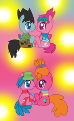 Size: 957x1569 | Tagged: safe, artist:mixelfangirl100, oc, oc only, alicorn, earth pony, pegasus, pony, unicorn, branch (trolls), broppy, canon ship, colored pupils, cooper, cuki, dj suki, female, male, non-mlp shipping, ponified, poppy help springwater, shipping, straight, trolls