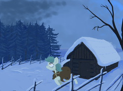 Size: 4448x3301 | Tagged: safe, artist:paskanaakka, derpibooru exclusive, oc, oc only, oc:bittergreen, bags under eyes, cloak, clothes, cloud, dead tree, fence, forest, high res, house, looking at something, raised hoof, scenery, snow, solo, tree, winter, worried