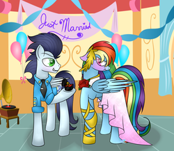 Size: 1023x887 | Tagged: safe, artist:northlights8, rainbow dash, soarin', pony, g4, clothes, colored pupils, dress, food, french fries, hay fries, male, rainbow dash always dresses in style, ring, scrunchy face, ship:soarindash, shipping, straight, tsunderainbow, tsundere, wedding ring, wonderbolts dress uniform