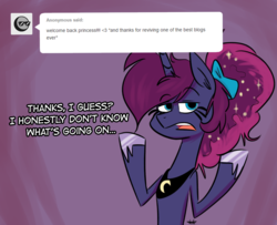 Size: 1280x1040 | Tagged: safe, artist:hellhounds04, princess luna, pony, luna-afterdark, g4, ask, female, scrunchie, solo, tumblr