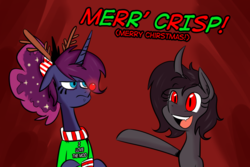 Size: 1280x853 | Tagged: safe, artist:hellhounds04, princess luna, oc, pony, luna-afterdark, g4, animal costume, antlers, ask, christmas, clothes, costume, duo, reindeer antlers, reindeer costume, rudolph the red nosed reindeer, scrunchie, tumblr, unamused