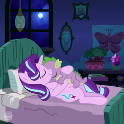 Size: 1168x1169 | Tagged: safe, artist:twifight-sparkill, edit, spike, starlight glimmer, dragon, pony, unicorn, g4, bed, cuddling, eyes closed, female, hug, love, male, mare, moon, night, ship:sparlight, shipping, sleeping, smiling, snuggling, starlight's room, straight, window