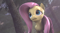 Size: 1920x1080 | Tagged: safe, artist:ferexes, fluttershy, g4, 3d, female, open mouth, solo, tree