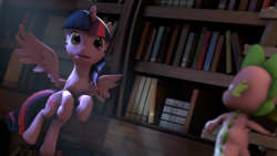Size: 1920x1080 | Tagged: safe, artist:ferexes, spike, twilight sparkle, alicorn, pony, g4, 3d, book, flying, source filmmaker, twilight sparkle (alicorn), wallpaper