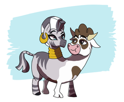 Size: 1019x840 | Tagged: safe, artist:suxt0hax, daisy jo, zecora, cow, zebra, g4, cloven hooves, female, fusion, looking at each other, we have become one, zebrow