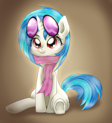 Size: 1650x1799 | Tagged: safe, artist:lielie, dj pon-3, vinyl scratch, pony, g4, clothes, cute, female, gradient background, looking at you, scarf, sitting, solo, sunglasses, wrong eye color