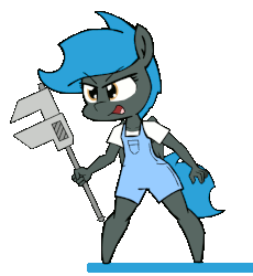 Size: 589x640 | Tagged: safe, artist:whatsapokemon, oc, oc only, oc:jade shine, anthro, unguligrade anthro, animated, clothes, gif, open mouth, overalls, simple background, smiling, solo, transparent background, wrench