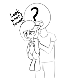 Size: 726x989 | Tagged: safe, artist:smoldix, oc, oc only, oc:anon, oc:filly anon, human, pony, female, filly, holding a pony, simple background, sketch, white background