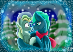Size: 2100x1500 | Tagged: safe, artist:alecace445, sky stinger, vapor trail, pegasus, pony, g4, blushing, clothes, duo, female, holding hooves, hug, male, mare, romantic, scarf, ship:vaporsky, shipping, snow, stallion, straight, winghug