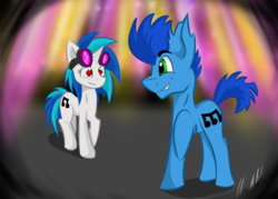 Size: 2100x1500 | Tagged: safe, artist:alecace445, blues, dj pon-3, noteworthy, vinyl scratch, pony, g4, duo, male, scratchworthy, shipping, straight, wingding eyes, wrong eye color