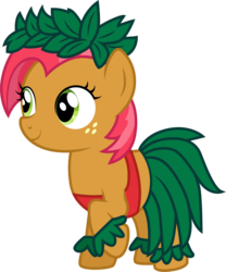 Size: 1501x1805 | Tagged: safe, artist:cloudy glow, babs seed, earth pony, pony, g4, adorababs, clothes, clothes swap, cosplay, costume, crossover, cute, disney, female, filly, foal, freckles, grass skirt, hula, lilo and stitch, lilo pelekai, midriff, raised hoof, simple background, smiling, solo, standing, transparent background