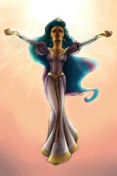 Size: 719x1080 | Tagged: safe, artist:rimmes-broose, princess celestia, human, g4, clothes, dress, female, floating, humanized, raising the sun, skinny, solo, sun, sun work, thin