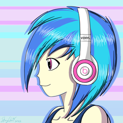 Size: 1400x1400 | Tagged: safe, artist:linlaifeng, dj pon-3, vinyl scratch, human, g4, beats by dr dre, clothes, female, headphones, humanized, side view, solo