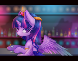 Size: 1600x1254 | Tagged: safe, artist:orchidpony, twilight sparkle, alicorn, pony, g4, alcohol, armband, bar, bipedal, bipedal leaning, cheek fluff, clothes, colored pupils, crown, dress, drink, drunk, drunk twilight, ear fluff, eyeshadow, female, jewelry, leaning, lidded eyes, looking at you, makeup, martini, mouth hold, regalia, shoulder fluff, solo, spread wings, twilight sparkle (alicorn), wing fluff