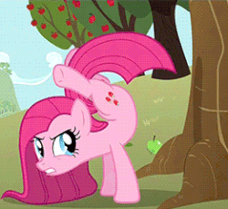 Size: 261x239 | Tagged: safe, edit, edited screencap, screencap, pinkie pie, earth pony, pony, g4, magical mystery cure, alternative cutie mark placement, animated, apple, broken leg, female, food, gif, inner thigh cutie mark, loop, mare, pinkamena diane pie, reversed, solo, what my cutie mark is telling me