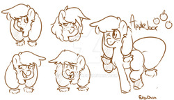 Size: 1024x585 | Tagged: safe, artist:fattydash, applejack, g4, emotions, female, grin, looking away, monochrome, one eye closed, sketch, smiling, solo, surprised, walking, watermark