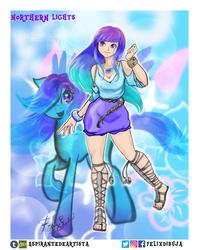 Size: 2850x3580 | Tagged: safe, artist:aspirantedeartista, oc, oc only, oc:northern lights, human, pegasus, pony, equestria girls, g4, art trade, clothes, cute, equestria girls-ified, hair over one eye, high res, human ponidox, open mouth, raised hoof, sandals, self ponidox, signature, skirt, solo
