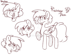 Size: 1280x1002 | Tagged: safe, artist:fattydash, rainbow dash, g4, alternate hairstyle, emotions, female, looking at you, looking away, monochrome, raised hoof, sad, sketch, smiling, solo, teary eyes, tongue out, watermark