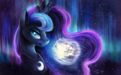 Size: 1200x738 | Tagged: safe, artist:tsitra360, princess luna, pony, g4, aurora borealis, bust, commission, female, looking at you, mare, mare in the moon, moon, portrait, signature, smiling, solo, stars