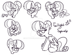 Size: 1024x768 | Tagged: safe, artist:fattydash, twilight sparkle, alicorn, pony, g4, alternate hairstyle, emotions, female, glasses, hair bun, monochrome, sad, sitting, sketch, smiling, smug, solo, surprised, teary eyes, tongue out, twilight sparkle (alicorn), watermark