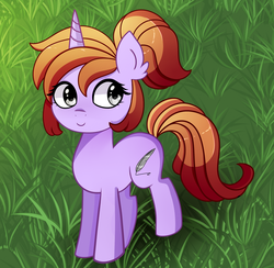 Size: 2667x2599 | Tagged: safe, artist:emera33, oc, oc only, oc:violet, pony, unicorn, grass, high res, ponytail, solo