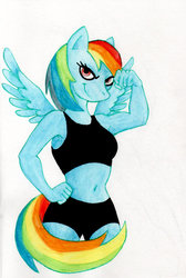 Size: 600x895 | Tagged: safe, artist:rainsingingdragon, rainbow dash, anthro, g4, belly button, clothes, female, flexing, midriff, shorts, simple background, solo, sports bra, sports shorts, traditional art, white background