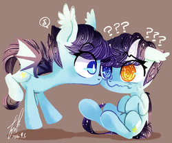 Size: 1024x852 | Tagged: safe, artist:erica693992, oc, oc only, oc:featherstar, bat pony, changeling, pony, disguise, duo, music notes, question mark, signature