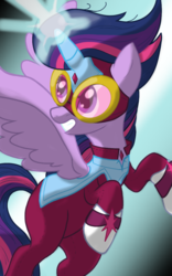 Size: 1200x1920 | Tagged: safe, artist:theroyalprincesses, twilight sparkle, alicorn, pony, g4, power ponies (episode), alternate hairstyle, beam, clothes, costume, female, glare, glowing horn, goggles, gritted teeth, horn, looking up, magic, masked matter-horn costume, power ponies, rearing, solo, spread wings, superhero, twilight sparkle (alicorn)
