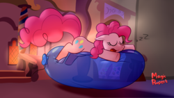 Size: 2560x1440 | Tagged: safe, artist:rupert, pinkie pie, earth pony, pony, g4, balloon, balloon riding, crepuscular rays, cute, diapinkes, eyes closed, female, floppy ears, open mouth, prone, sleeping, solo, sugarcube corner, sunrise, that pony sure does love balloons, window, zzz