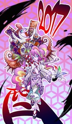 Size: 1000x1724 | Tagged: safe, artist:ddd1983, pinkie pie, princess celestia, human, g4, 2017, animal costume, chicken pie, chicken suit, clothes, costume, dress, fan, human ponidox, humanized, japanese, kimono (clothing), pony coloring, self ponidox, year of the rooster